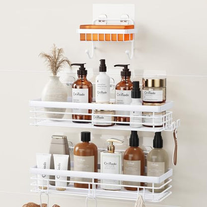 Orimade Adhesive Shower Caddy Soap Dish Holder Shelf with 5 Hooks Bathroom Organizer Basket Kitchen Storage Rack Wall Mounted No Drilling Stainless Steel - 3 Pack, White - color: White - 3 Pack