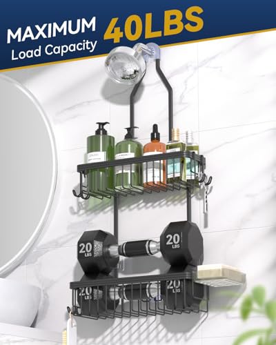 Never Rust Shower Caddy Hanging, Aluminum Shower Racks for Inside Shower, 2-Tier Shower Organizer Hanging Over Shower Head with Hooks and Soap Holder, Black - color: Black