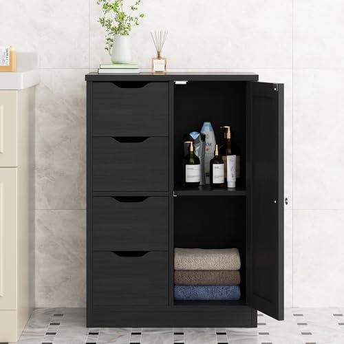 Walsunny Bathroom Floor Storage Cabinet, Wooden Storage Organizer with 4 Drawers and 1 Cupboard, Freestanding Entryway Storage Unit Console Table, Black - color: Black, style: 4 drawers