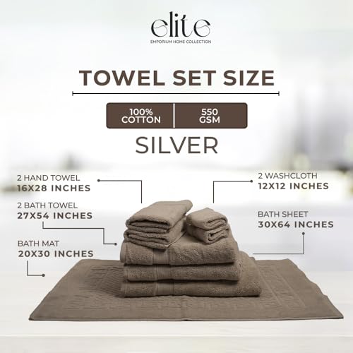 ELITE Emporium Home Collection 8-Piece Cotton Bath Towel Set - Ultra Soft, 550 GSM, Quick-Dry Towels - Bath Sheet, Bath Towels, Hand Towels, Washcloths, Bath Mat - Luxury Bathroom Towel Set (Silver) - color: Silver