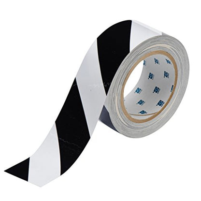 Brady ToughStripe Nonabrasive Diagonal Stripes Floor Marking Tape, 100' Length, 2" Width, Black on White (Pack of 1 Roll) - 104319 | Nonabrasive black-and-white diagonal tape measures 2 in x 100 ft for marking aisles, hazards, equipment, and boundaries. -
