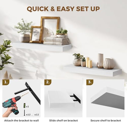 Solid Wood Floating Shelves, 17 Inch Wall Shelves, Set of 2, White | 8 Inch Deep, 1.6 Inch Thick, Extra-Wide Display Space, Mounting Hardware Included, For Kitchen, Bathroom and Living Room - color: White, size: 17x8x1.6