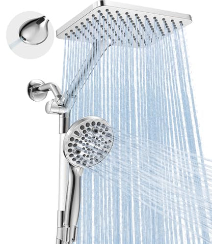 Dual Handheld Shower Head Combo, 2-in-1 Rain Shower Heads System Wide Rainfall Shower Head and 10 Modes High Pressure Hand Held Showerhead with Built-in Power Wash - Chrome - color: Chrome, size: 10 Inch Standard