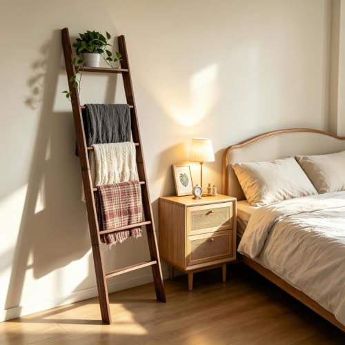 Blanket Ladder for Living Room and Bedroom,6-Tier Decorative Display Ladder Shelf,Ladder Rack for Storage and Decor,Wall Leaning Farmhouse Blanket Storage,Towel Rack, Bathroom,Brown