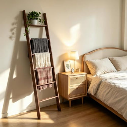 Blanket Ladder for Living Room and Bedroom,6-Tier Decorative Display Ladder Shelf,Ladder Rack for Storage and Decor,Wall Leaning Farmhouse Blanket Storage,Towel Rack, Bathroom,Brown