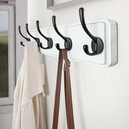 SKOLOO Rustic Wall Mounted Coat Rack, 16 inches Hole to Hole, Case of 2, Pine Solid Wood Coat Hook Hanger - 5 Hooks for Hanging Clothes Robes Towels Coats - color: White Plate & Black Hook, size: 2 Item-5 Hooks