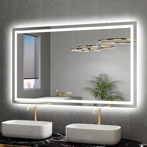 LED Mirror for Bathroom 60x36 Lighted Bathroom Vanity Mirrors with Lights, Brighter Frontlit and Backlit Anti-Fog Mirror, Tempered Glass, Dimmable 3 Colors Light Modes, Memory Function - size: 60"L x 36"W