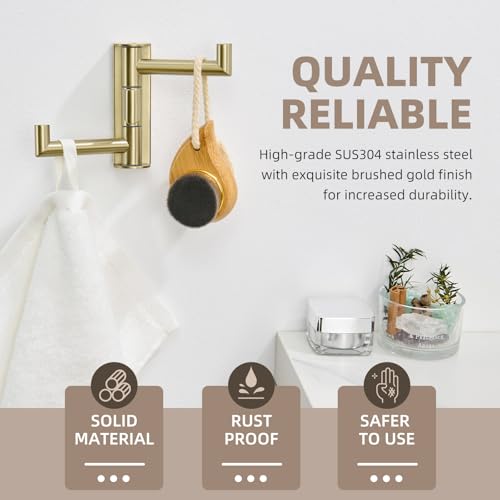 Angle Simple Towel Hook 3 Arms, Swivel Coat Wall Hook, Brushed Gold | Solid SUS304 Stainless Steel, Foldable Robe Towel Holder for Bathroom Kitchen Closet, Modern Space Saver, Screws Mounted - color: Brushed Gold, size: 1 Pack