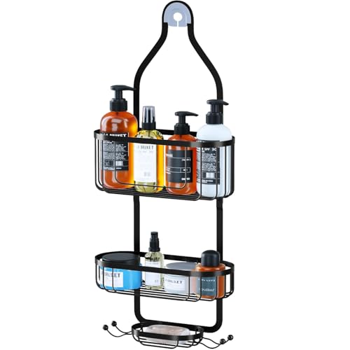 Shower Caddy Hanging, Bathroom Shower Rack, Bathroom Organizer with Soap Dish, Over The Showerhead Caddy with Hooks for Razor/Sponge, Black - color: Black
