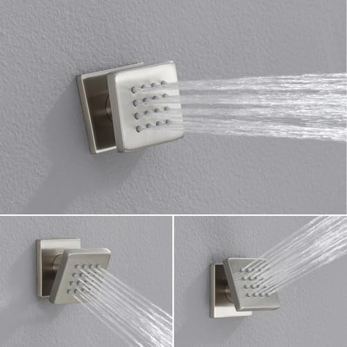 Iriber Brushed Nickel Square Rain Shower System with 4 PCS Body Jets 3 Function Shower Faucet Set Wall Mounted Pressure Balance Shower Trim Kit (Valve Included) - color: Brushed Nickel 03