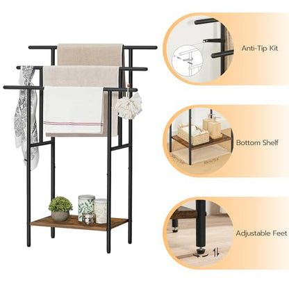 HOOBRO 39.4" Tall Freestanding Towel Rack for Bathroom, 3 Tier Stepped Blanket Rack with Shelf, Oversized Bath Towels Drying and Display Rack, Black and Rustic Brown BF50LB01 - color: Rustic Brown + Black