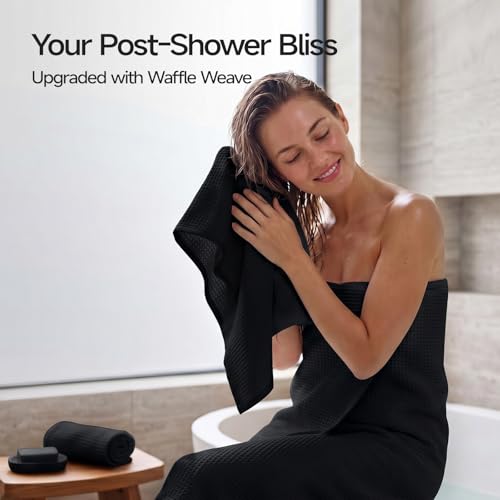 ecolook 6-Piece Waffle Weave Towel Set, 100% Cotton, Lightweight, Absorbent & Quick-Drying, 2 Bath Towels (31×63 in), 2 Hand Towels, 2 Washcloths, Lint-Free for Bathroom, Pool, Gym, Travel - Black - color: Black