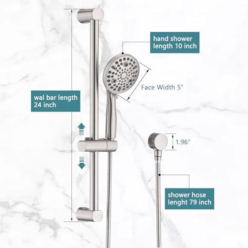 Hand Shower with Slide Bar, High Pressure 10 Setting Handheld Shower Head, Adjustable Height 24" Slide Bar, Wall Supply Elbow and 6.6ft Extra Long Shower Hose - Brushed Nickel - color: Brushed Nickel