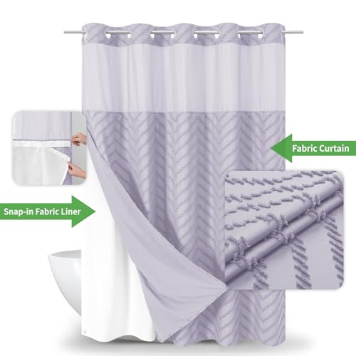 eachope No Hook Boho Farmhouse Shower Curtain with Snap-in Fabric Liner set-71Wx74H(72H),Tufted Chevron Striped Hotel Grade Cloth Shower Curtains for Bathroom with Window,Water Repellent,Lavender - color: Lavender, size: 71"W x 74"L (Pack of 1)