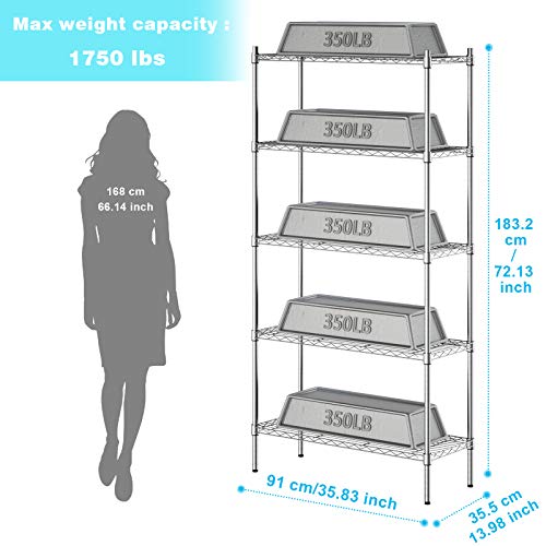 Auslar 5-Tier Heavy Duty Wire Shelving, Adjustable Storage Rack, Chrome | 14"D x 36"W x 72"H, Standing Large Shelving Units, 1750 lbs Capacity, for Garage Kitchen Pantry Bathroom Laundry - size: 5 Tier