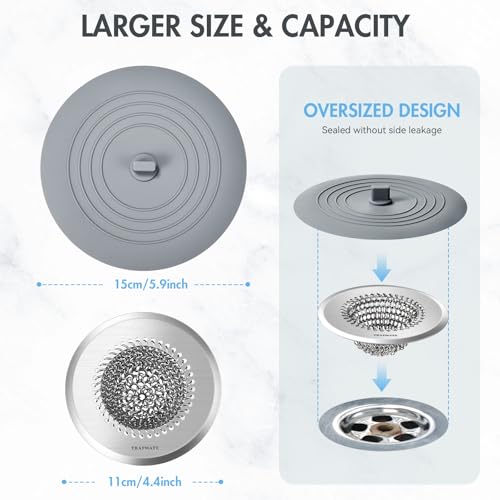 TRAPMATE Tub Stopper, Reversible Bathtub Drain Hair Catcher & Stopper, Ultra Revolutionary Bath Tub Drain Protector, Stainless Steel Hair Catcher & Silicone Stopper, 4.4" Drain Cover for Shower, Bath - color: Wolf Grey