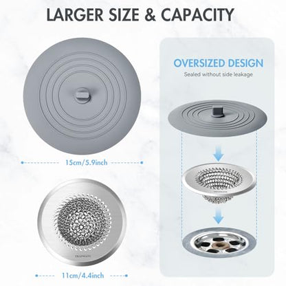 TRAPMATE Tub Stopper, Reversible Bathtub Drain Hair Catcher & Stopper, Ultra Revolutionary Bath Tub Drain Protector, Stainless Steel Hair Catcher & Silicone Stopper, 4.4" Drain Cover for Shower, Bath - color: Wolf Grey