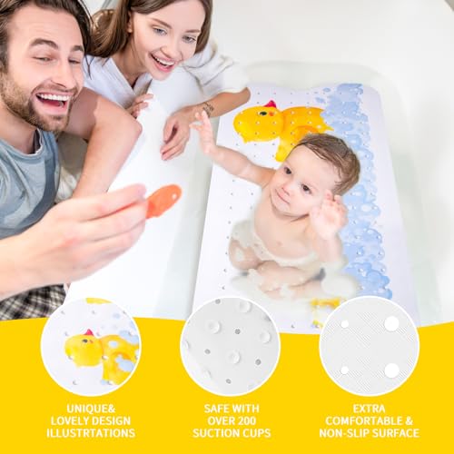 PRATIQUE Kids Bath Mat for Tub Non Slip，40 X 16 Inch Extra Long Kids Bathtub Mat Duck Print Bathtub Shower Mat Safety Anti Slip with Suction Cups and Drain Holes, Machine Washable - color: Yellow Duck