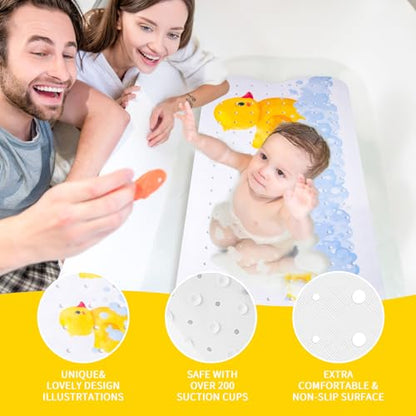 PRATIQUE Kids Bath Mat for Tub Non Slip，40 X 16 Inch Extra Long Kids Bathtub Mat Duck Print Bathtub Shower Mat Safety Anti Slip with Suction Cups and Drain Holes, Machine Washable - color: Yellow Duck