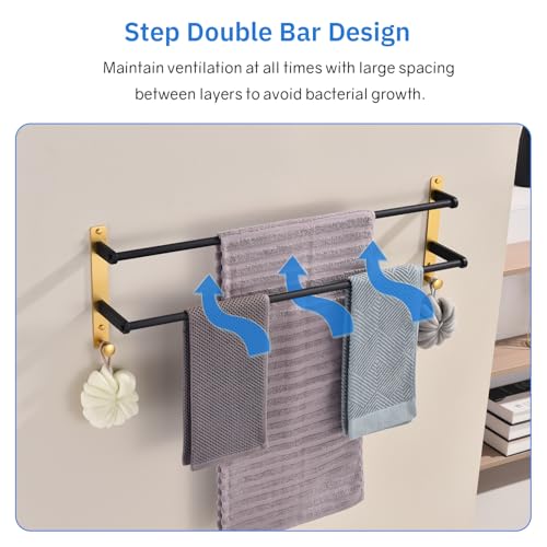 Double Towel Bar with Hooks, 30 Inch Long Towel Hanger - Stainless Steel Bathroom Towel Rack Wall Mounted, Black & Gold - color: Black & Gold, size: 30-Inch