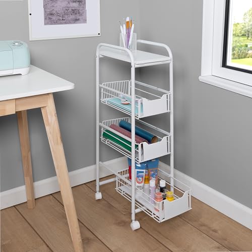Honey-Can-Do 4-Tier Slim Rolling Metal Utility Cart with Drawers, White