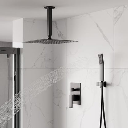 WELLFOR 12-In Ceiling Mount Shower System with Single Handle, Pressure-balanced Valve Included, Waterfall Dual Head Shower Head System, Rain Shower System, Shower Faucet Trim Kits, Matte Black - color: Matte Black, style: Ceiling Mount 12-Inch