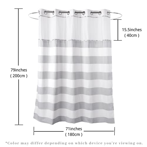 71“W x79”H Long Fabric Shower Curtain No Hooks Needed with Polyester Magnet Snap-in Liner–Silver Grey Top See Through with Mesh Window Waterproof Heavy Duty - color: White&light Grey, size: 71"W x 79"L (Pack of 1)