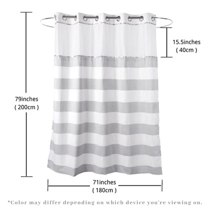 71“W x79”H Long Fabric Shower Curtain No Hooks Needed with Polyester Magnet Snap-in Liner–Silver Grey Top See Through with Mesh Window Waterproof Heavy Duty - color: White&light Grey, size: 71"W x 79"L (Pack of 1)
