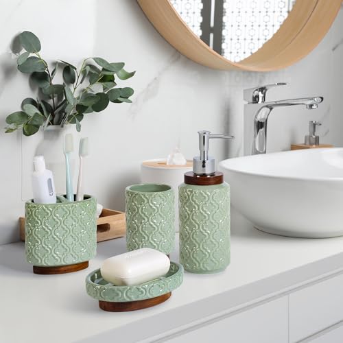 RQYIXI Ceramic 4-Piece Bathroom Accessories Set,Sage Green | Countertop Essentials Embossed Textured Design Solid Wood Non-Slip Detail Sage Green Finish - color: Green, size: Embossed Textured-4-Piece