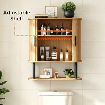 Fluted Bathroom Wall Cabinet, Wall Mounted Medicine Cabinet with Sliding Tambour Door & Adjustable Shelf, 3-Tier Over the Toilet Storage Cabinet for Laundry Room, Kitchen, Natural - color: Natural