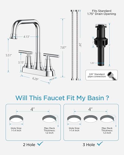 FORIOUS 3 Hole Bathroom Faucet Polished Chrome, 8 Widespread Faucet Chrome | 8 Inch Widespread Bathroom Faucet Chrome, 3 Hole Faucet for Bathroom Sink with Pop Up Drain for 8 Inch Vanity Faucet 3 Holes - color: Polished Chrome