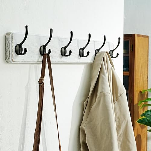 Wall Mounted Coat Rack: 24" Long, Patented, Heavy-Duty, 6-Double-Hooks Wooden Hanger Rail for Winter Coats, Hat, Jacket, Clothing - White & Black, Pack of 2 - color: White & Black, size: L=24"(2pcs)