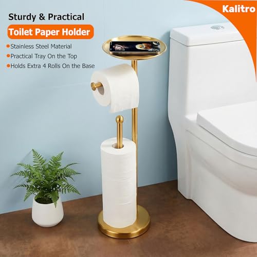 Kalitro Toilet Paper Holder Freestanding with Big Shelf, 4 Rolls Reserve Paper Holder Stand, Modern Paper Roll Holder with Storage Space for Phones (Gold) - color: Gold