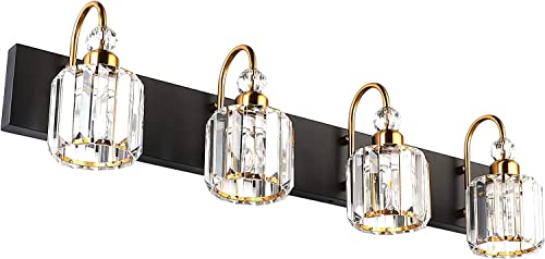 Ralbay LED Modern Vanity Lights Fixtures 4 Lights Black Vanity Lights Crystal Modern Matte Black Vanity Lights for Bathroom - color: Round-Black+Gold, size: 4-light