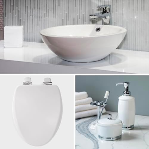 Bemis Alesio Slow Close Toilet Seat, Sleek Chrome Hinges and Adjustable Perfect Fit Wood Seat, Made in USA, Round, White - color: White & Chrome, size: Round
