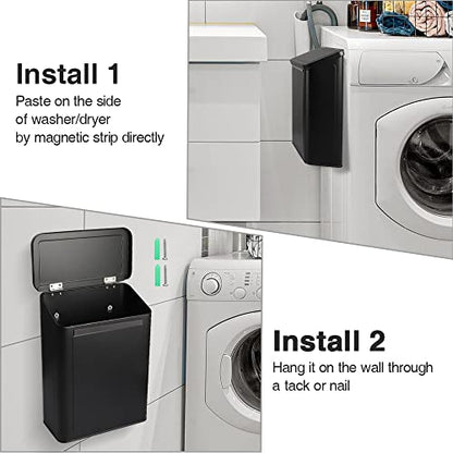 Picowe Magnetic Laundry Storage, Large Metal Lint Holder Bin with Lid for Laundry Room, Space-Saving Trash Container Hanging on Dryer, Washer or Wall Mount Trash Bin (Black) - color: Black