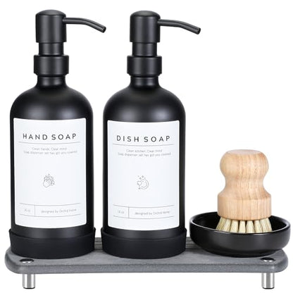 [Luxury] Kitchen Soap Dispenser Set - 16OZ Black Glass Bottle, Stainless Steel Pump, Instant Dry Tray, Waterproof Labels, Non-Slip Silicone Pad, and Dish Brush | Upgrade for Your Kitchen and Bathroom - color: Black Bottle + Black Pump