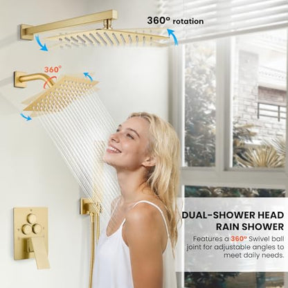 gotonovo Shower Faucet Set Push Button 10+6 Inch Dual Head Brushed Gold | Rain Dual Shower Head System with Handheld Spray for Couple,Push Button Diverter,High Pressure Valve Trim Kit,All Metal - color: Gold, size: 10+6 Inch Dual Head