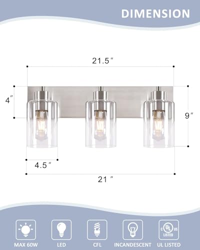 3-Light Bathroom Vanity Light Fixtures,Modern Wall Sconces,Bathroom Lights Over Mirror,Wall Mounted Lamp for Kitchen Living Room Bedroom Hallway,Brushed Nickel Finish with Clear Glass Shade | Brushed Nickel Metal Frame,Up/Down Wall Mount,cylinder Glass Sh