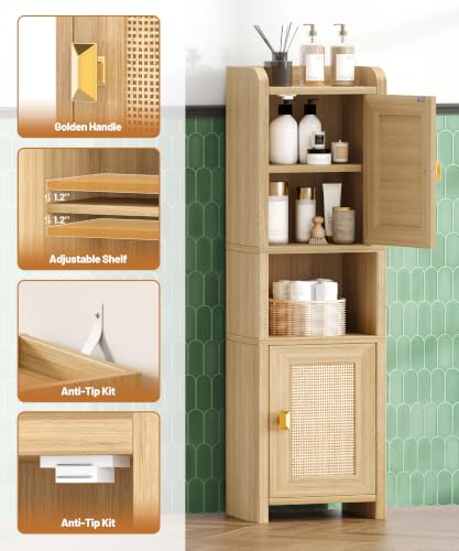 Akxomel 9.8''W Rattan Small Bathroom Storage Cabinet 2 Doors Oak | Small Bathroom Cabinet with Adjustable Shelf, Bathroom Organizer for Small Spaces, Wooden Corner Unit