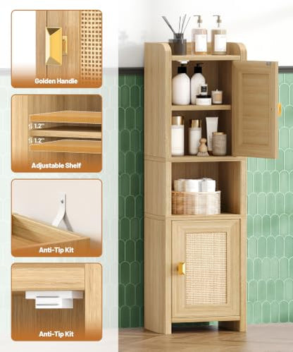 Akxomel 9.8''W Rattan Small Bathroom Storage Cabinet 2 Doors Oak | Small Bathroom Cabinet with Adjustable Shelf, Bathroom Organizer for Small Spaces, Wooden Corner Unit