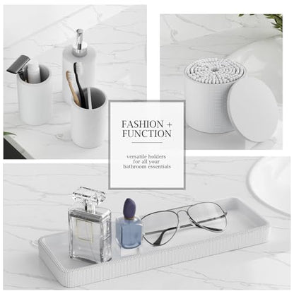 6-Piece White Bathroom Set - Mesh Textured Resin Bathroom Accessories Set with Soap Dispenser, Toothbrush Holder, Cup, Vanity Tray & Apothecary Jars for Small Spaces - color: White - Mesh Textured