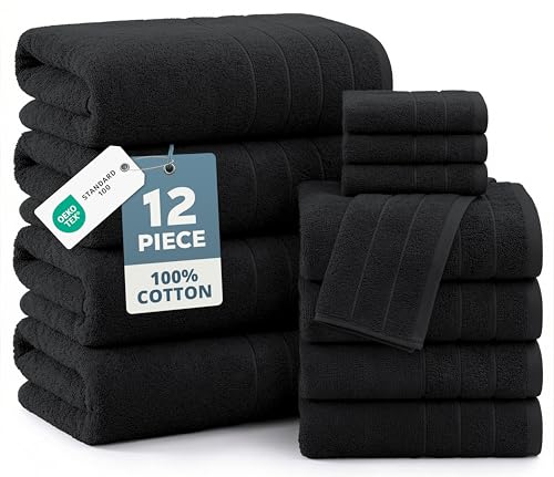 CASA PLATINO 100% Cotton Towel Set for Bathroom - 12 Piece - Super Soft, Hotel Quality - 4 Bath, 4 Wash Cloths, 4 Hand Towels for Bathroom - Classic, Best Value Pack, Ideal for Spa & Daily Use - Black - color: 04: Black, size: 12 Piece Towel Set