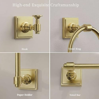 VEHCIL Brushed Gold Bathroom Towel Bar Set, 5 Piece Bathroom Hardware Accessory Set, SUS304 Stainless Steel 24" Towel Rack Holder Set for Bathroom, Wall Mounted - color: Brushed Gold