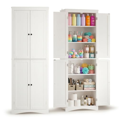Gizoon 67" Bathroom Storage Cabinet with Adjustable Shelves | Freestanding Storage Unit with 4 Doors, Tall Pantry Cabinet for Kitchen, Dining Room, Living Room, Black - color: White, size: 67"H