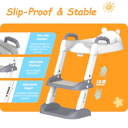 HBTower Potty Training Seat with Step Stool Ladder & Safety Handles,Grey | Foldable Toddler Toilet Seat with Splash Guard for Boys and Girls, Comfortable Kids Potty Cushion & Anti-Slip Pads