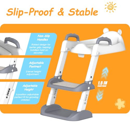 HBTower Potty Training Seat with Step Stool Ladder & Safety Handles,Grey | Foldable Toddler Toilet Seat with Splash Guard for Boys and Girls, Comfortable Kids Potty Cushion & Anti-Slip Pads