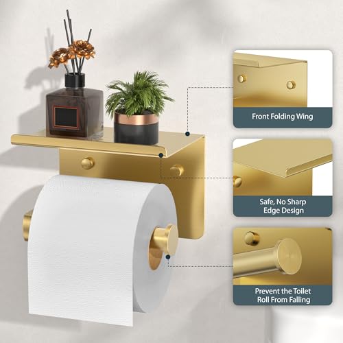 FORIOUS Toilet Paper Holder with Shelf, Adhesive or Screw, Brushed Gold | Wall Mount Toilet Paper Roll Holder for Bathroom, Stainless Steel Commercial Toilet Tissue Roll Dispenser with Phone Shelf - color: Brushed Gold