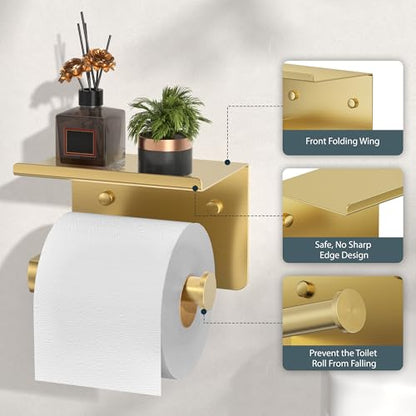 FORIOUS Toilet Paper Holder with Shelf, Adhesive or Screw, Brushed Gold | Wall Mount Toilet Paper Roll Holder for Bathroom, Stainless Steel Commercial Toilet Tissue Roll Dispenser with Phone Shelf - color: Brushed Gold