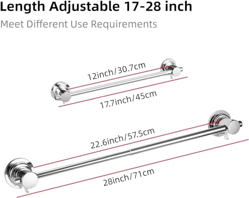 JiePai 17-28 Inch Extendable Suction Cup Towel Bar for Bathroom,Chrome | Adjustable,No Drill Removable Vacuum Towel Rail,Heavy Duty Wall Mount ,For Smooth Surfaces,for Bathroom & Kitchen - color: Chrome